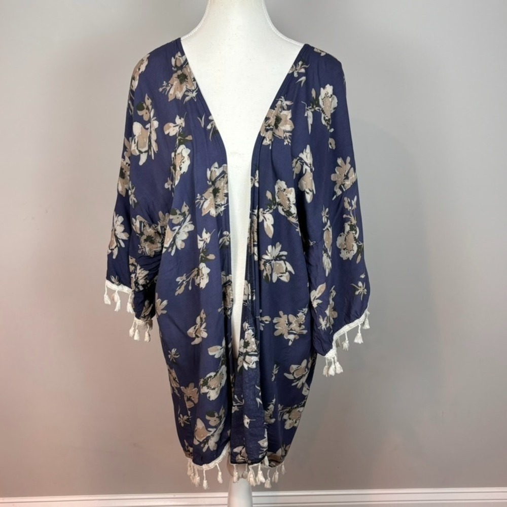 David‎ & Young Womens Blue Floral Fringe Open Sheer Kimono Cardigan OSFM Beach